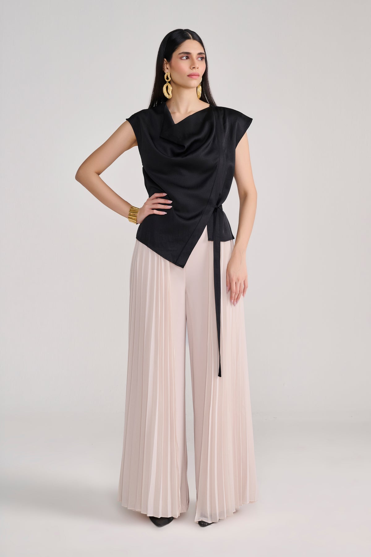 Beige Tailored Pants With Side Pleated Layer Detail