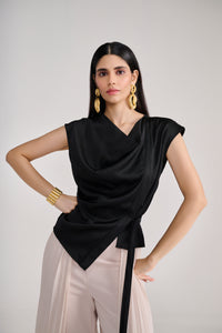 Black Silk Cowl Top With Side-Tie Detail