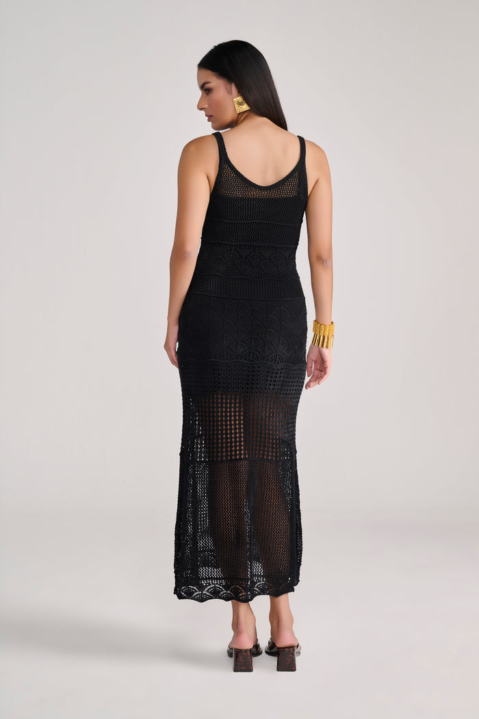 Black Knit Crochet Midi With Slip