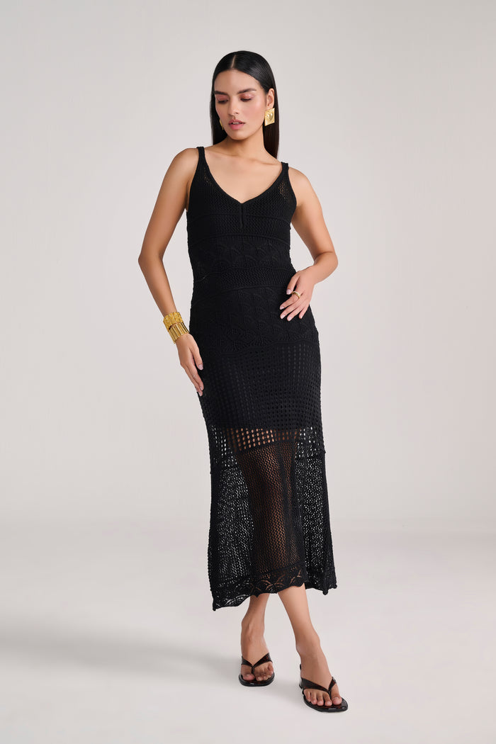 Black Knit Crochet Midi With Slip