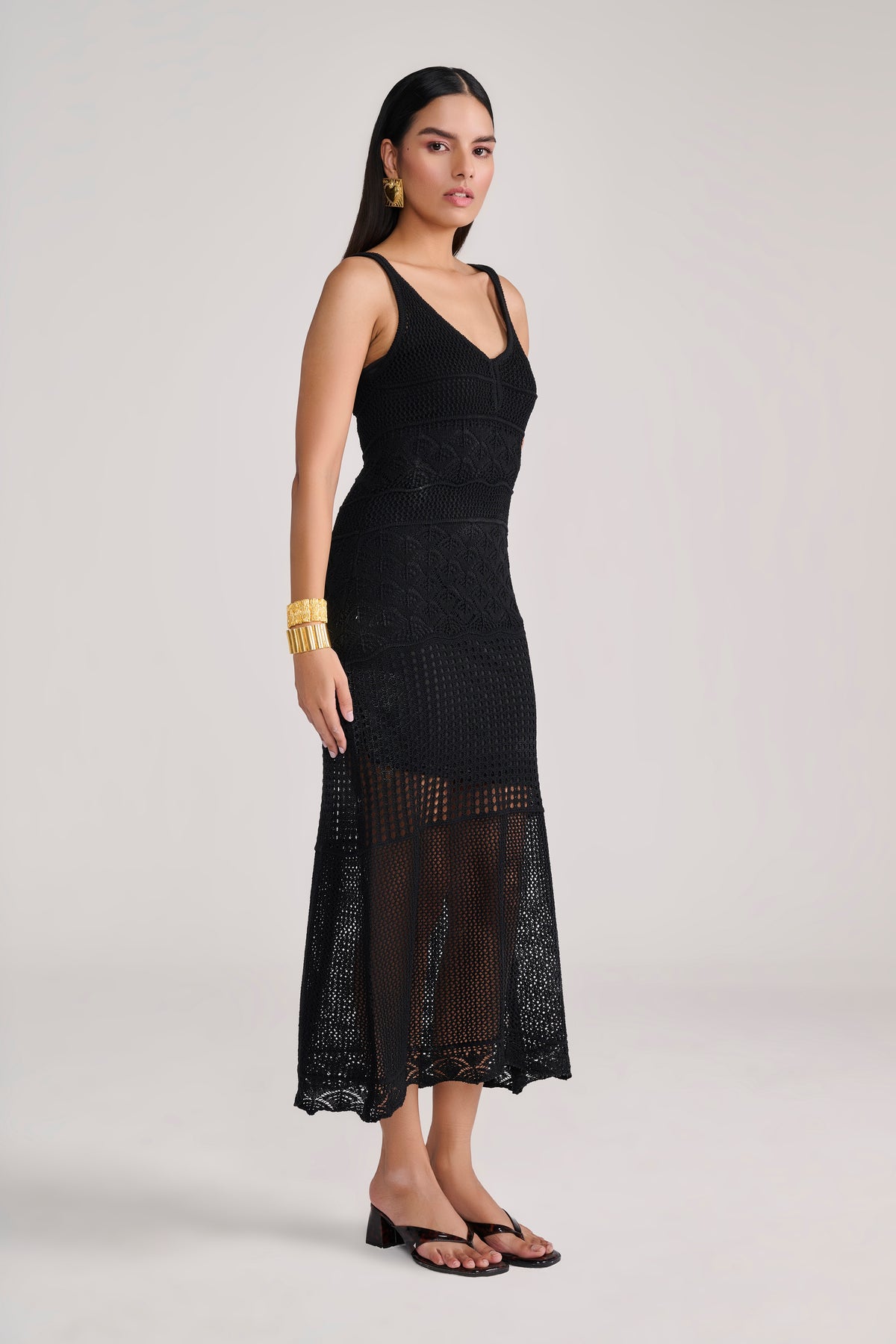 Black Knit Crochet Midi With Slip