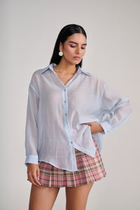 Powder Blue Silky Semi-Sheer Shirt with Button Detail in Back
