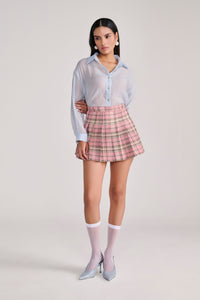 Pink Plaid Pleated Mini Skirt