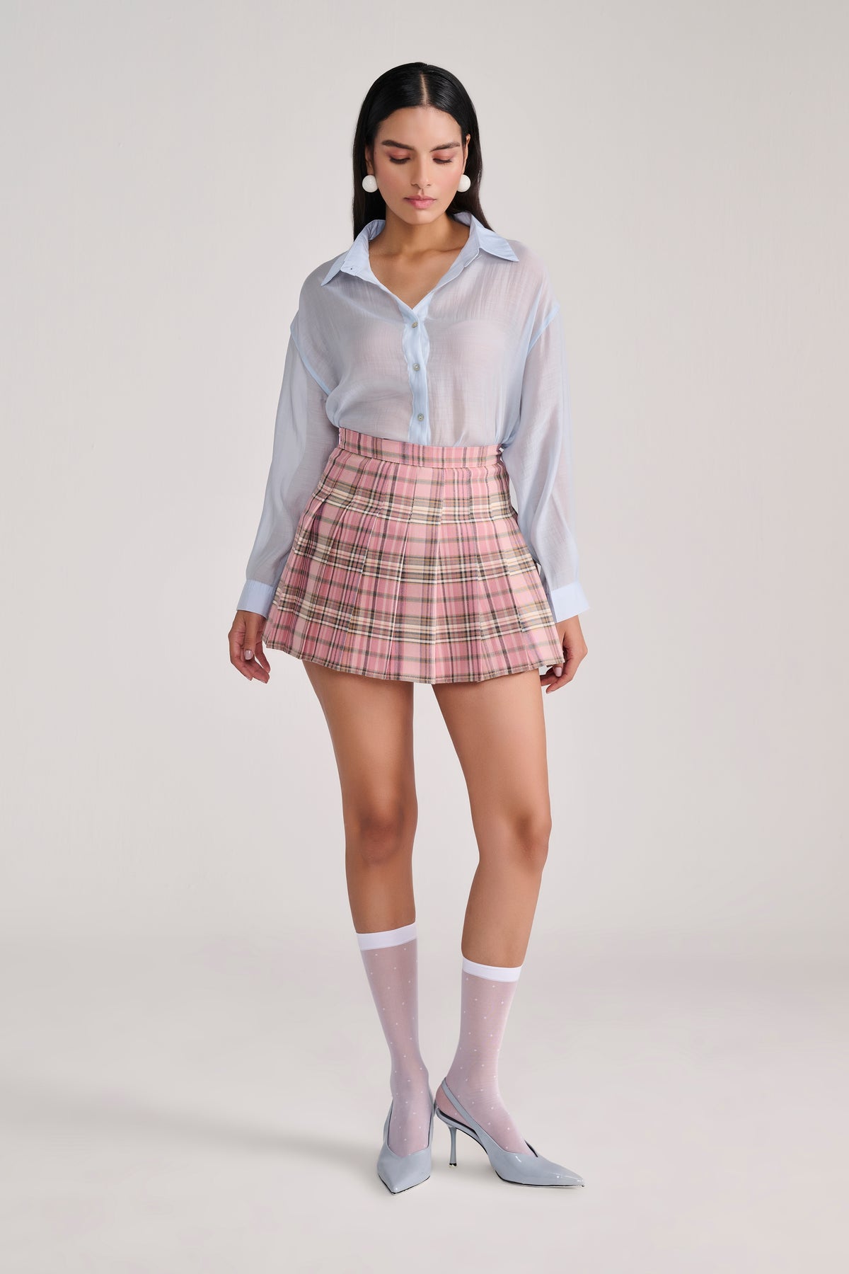 Powder Blue Silky Semi-Sheer Shirt with Button Detail in Back