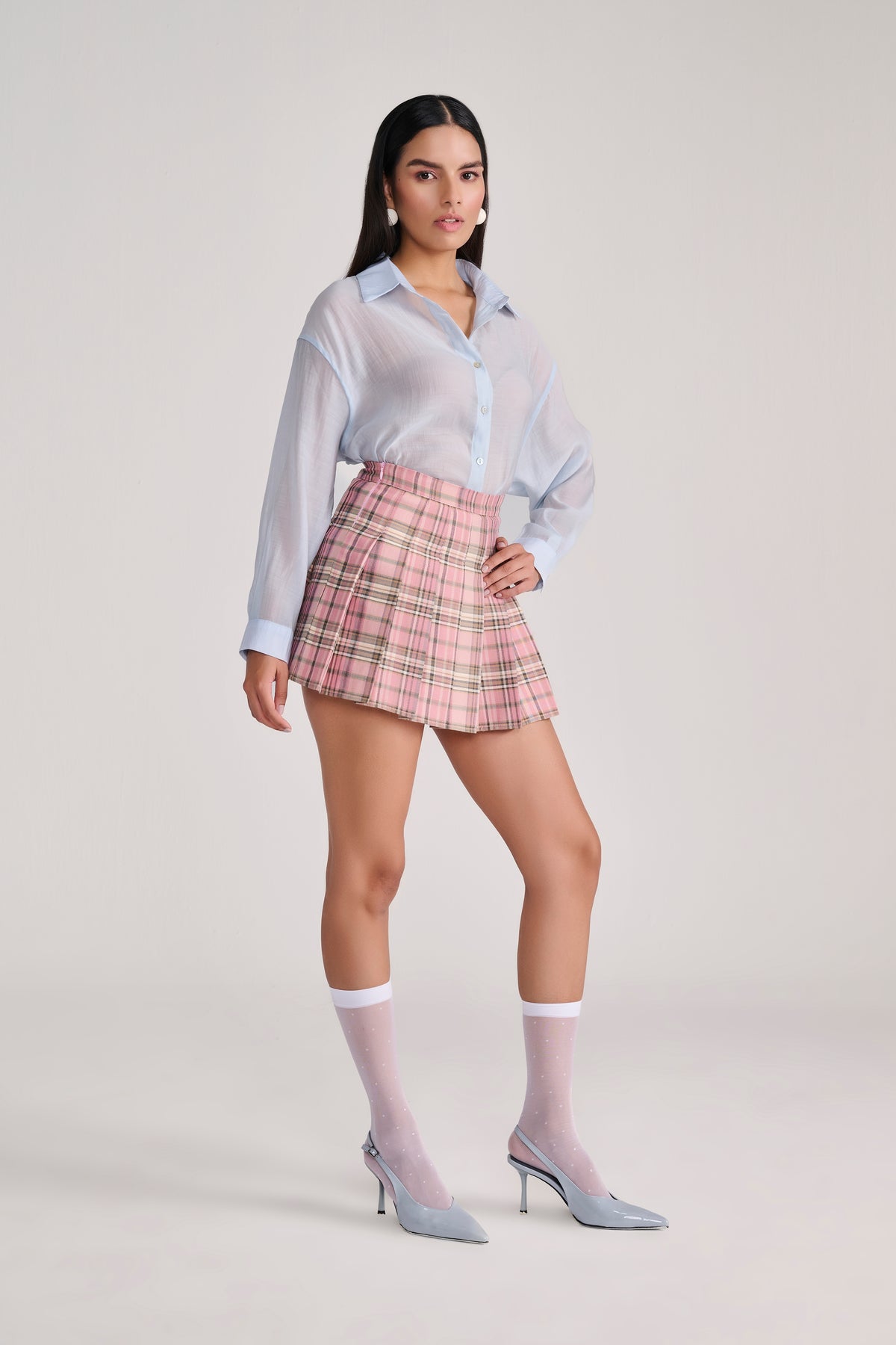 Pink Plaid Pleated Mini Skirt