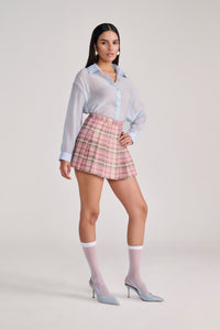 Pink Plaid Pleated Mini Skirt