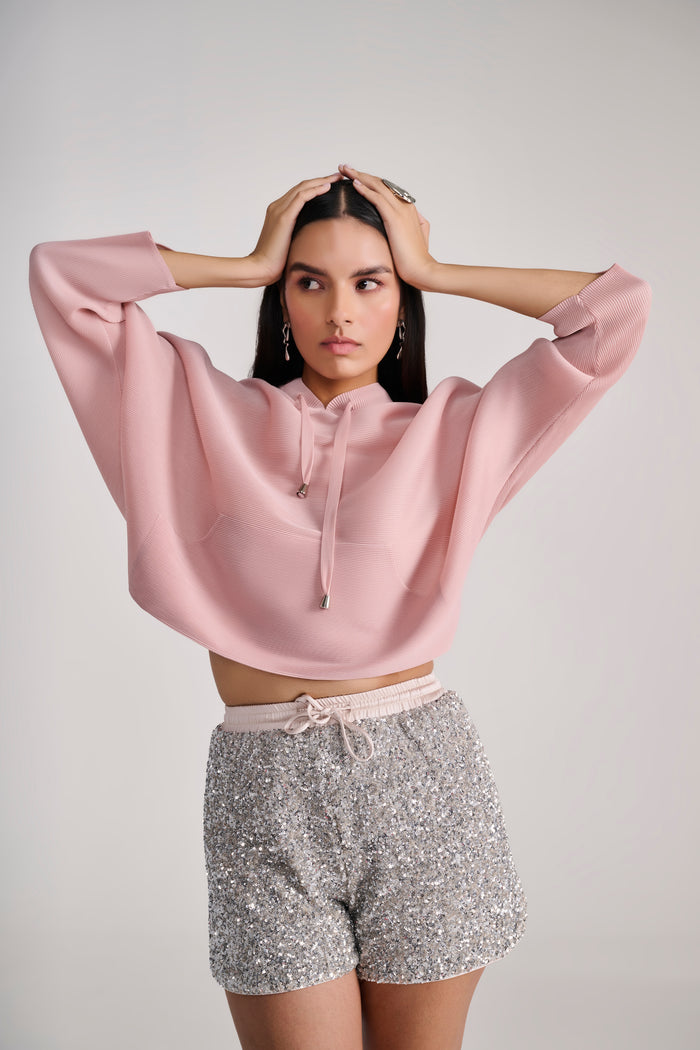 Silver Sequin High-Waist Knit Shorts With Drawstring Waist