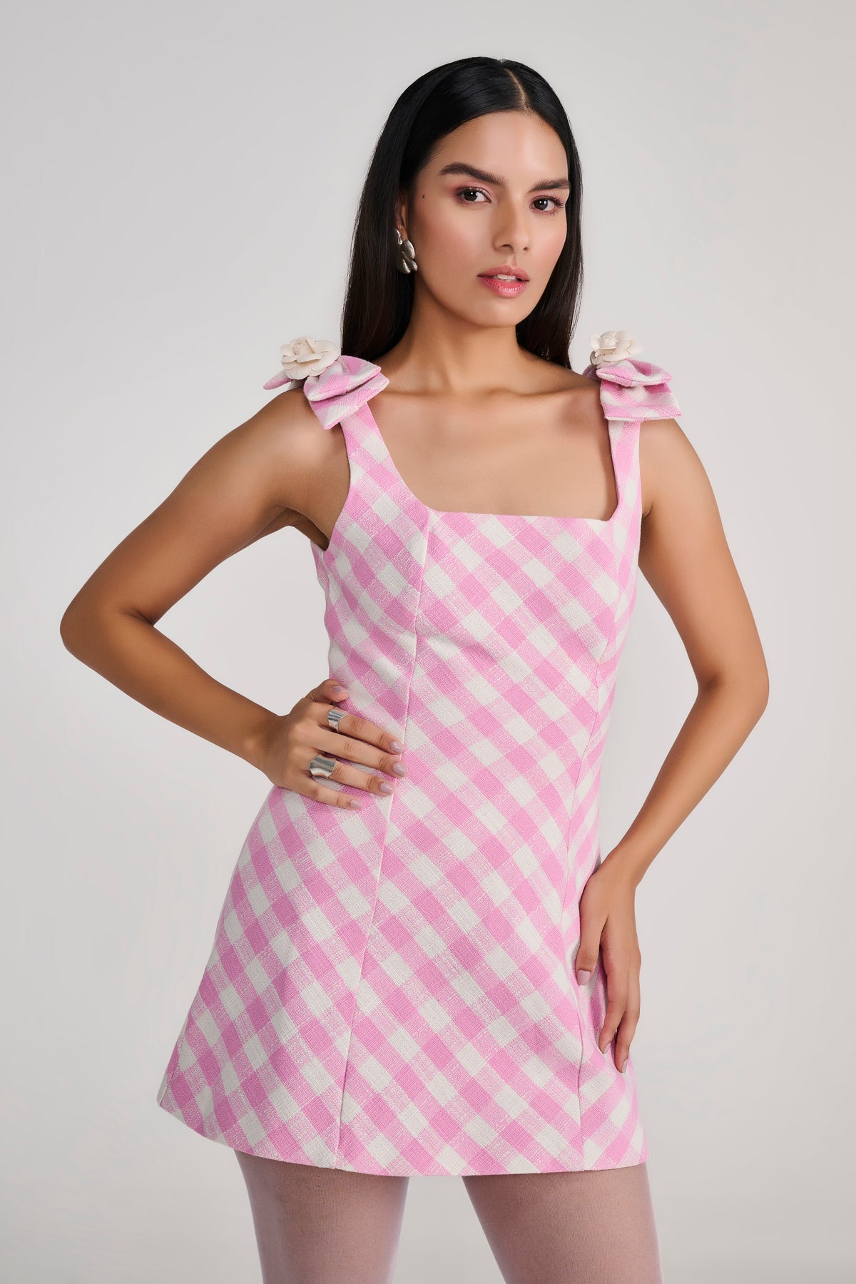 PInk Gingham Check Textured Mini Dress