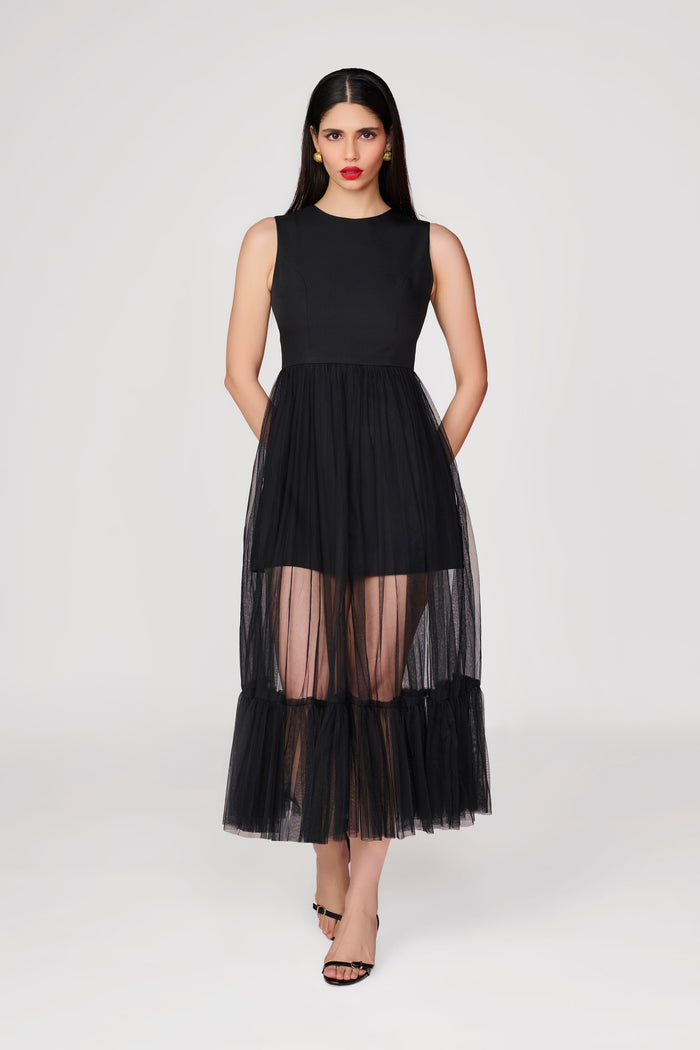 Black Sleeveless Dress With Tailored Top & Tulle Bottom