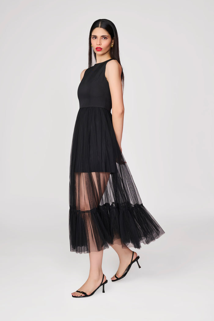 Black Sleeveless Dress With Tailored Top & Tulle Bottom