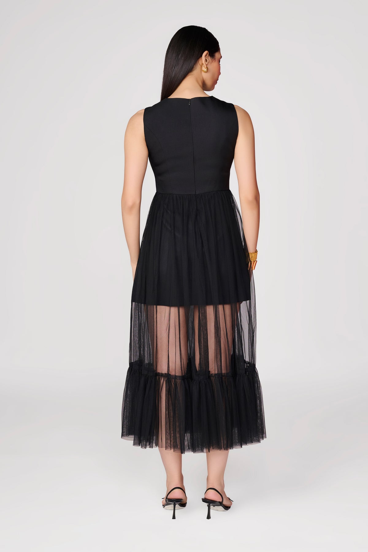Black Sleeveless Dress With Tailored Top & Tulle Bottom