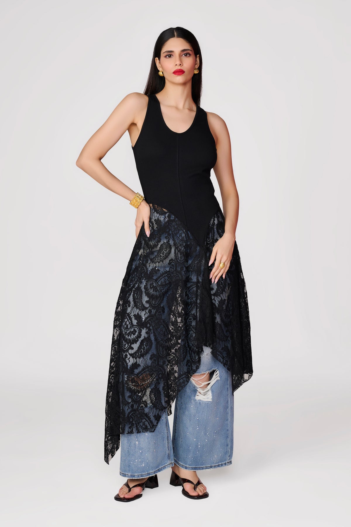 Black Knit Lace Detail Handkerchief Hem Top