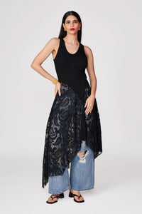 Black Knit Lace Detail Handkerchief Hem Top