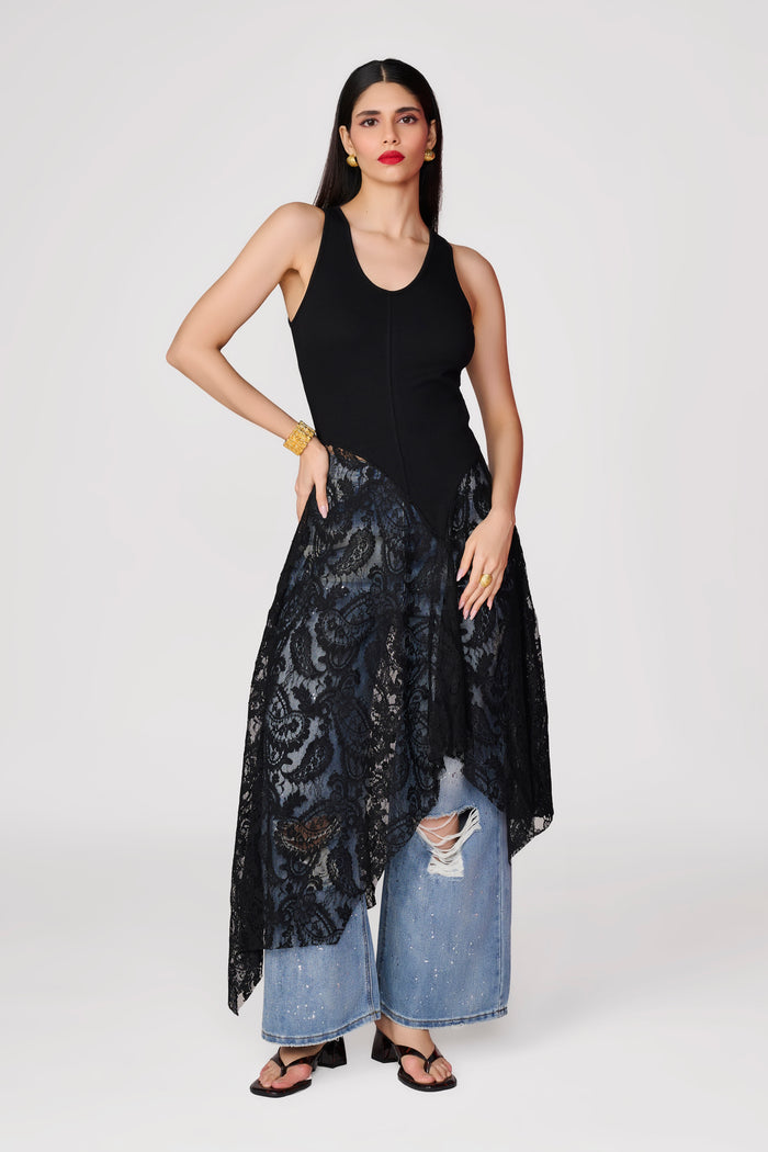 Black Knit Lace Detail Handkerchief Hem Top