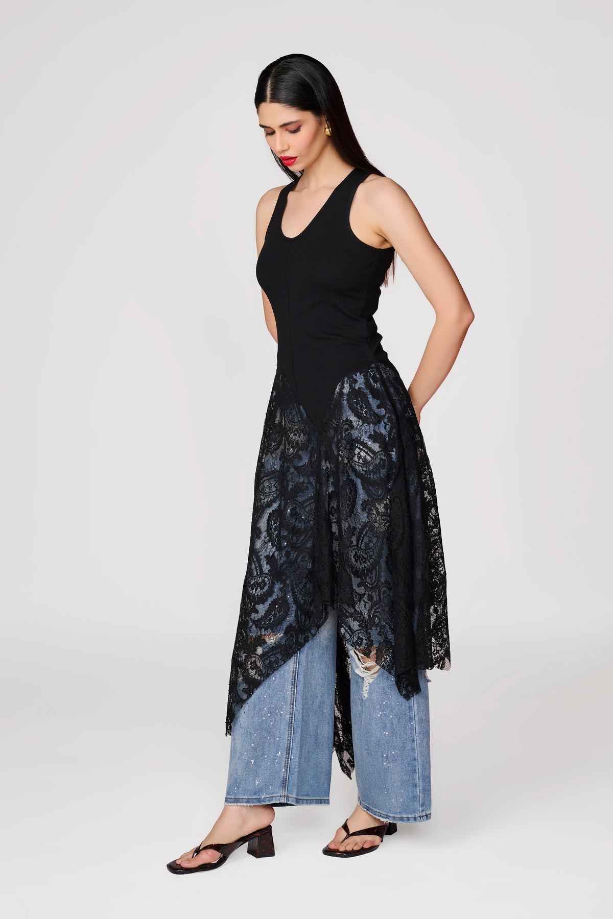 Black Knit Lace Detail Handkerchief Hem Top