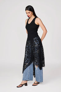 Black Knit Lace Detail Handkerchief Hem Top