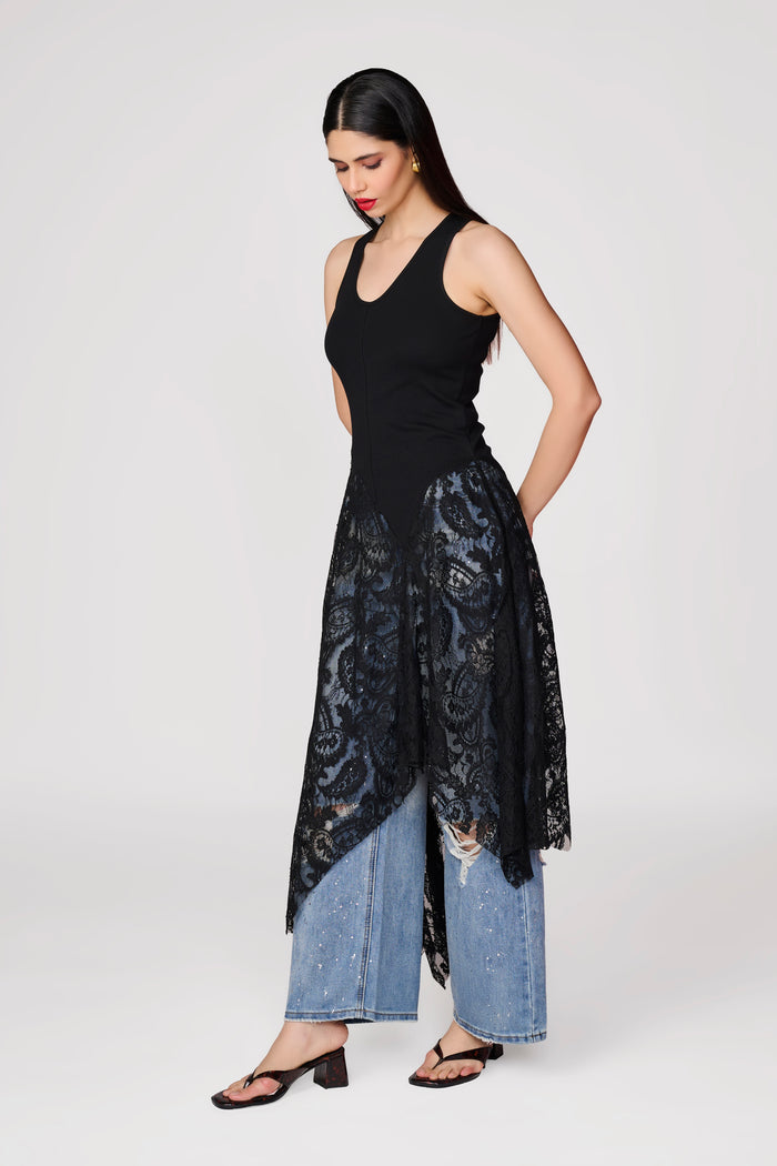Black Knit Lace Detail Handkerchief Hem Top