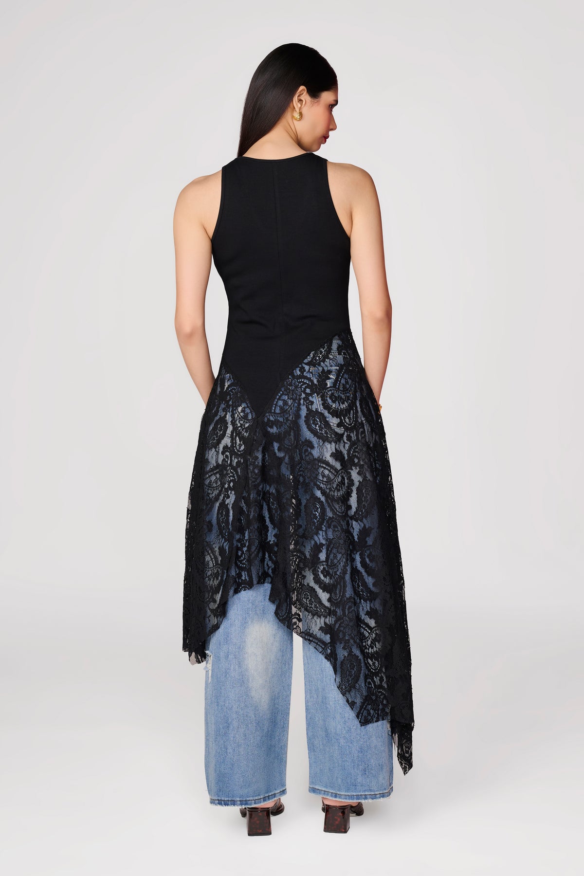 Black Knit Lace Detail Handkerchief Hem Top