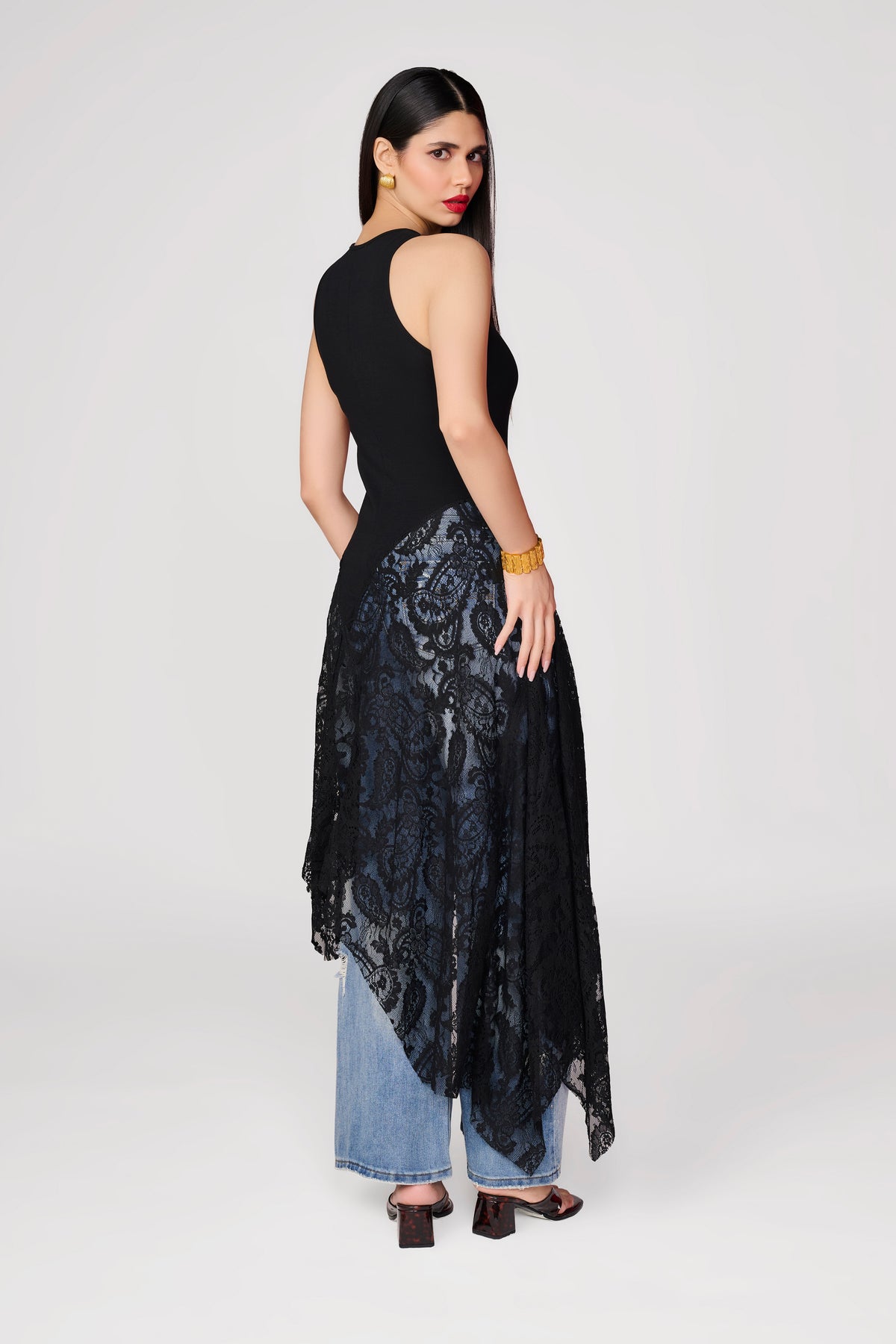 Black Knit Lace Detail Handkerchief Hem Top