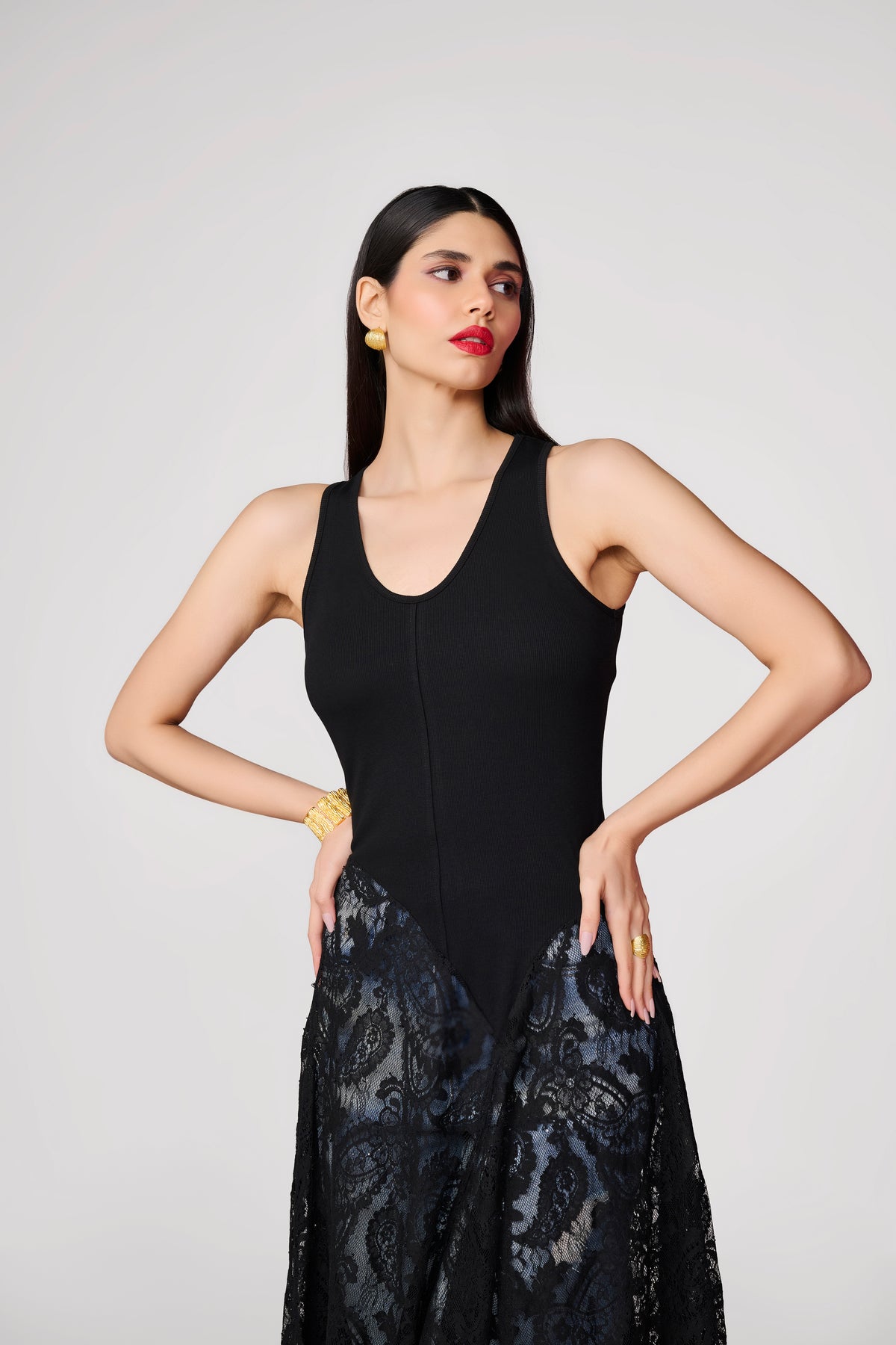 Black Knit Lace Detail Handkerchief Hem Top