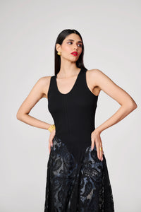 Black Knit Lace Detail Handkerchief Hem Top