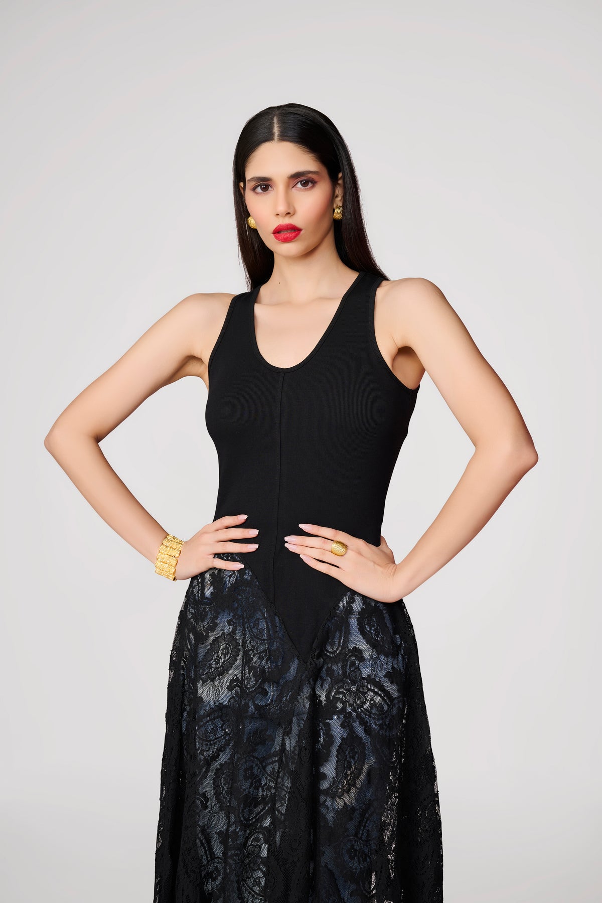 Black Knit Lace Detail Handkerchief Hem Top