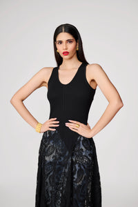 Black Knit Lace Detail Handkerchief Hem Top