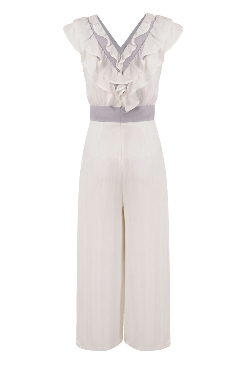 White Ruffled- Neck Crop Jumpsuit - Tastes Like Couture
