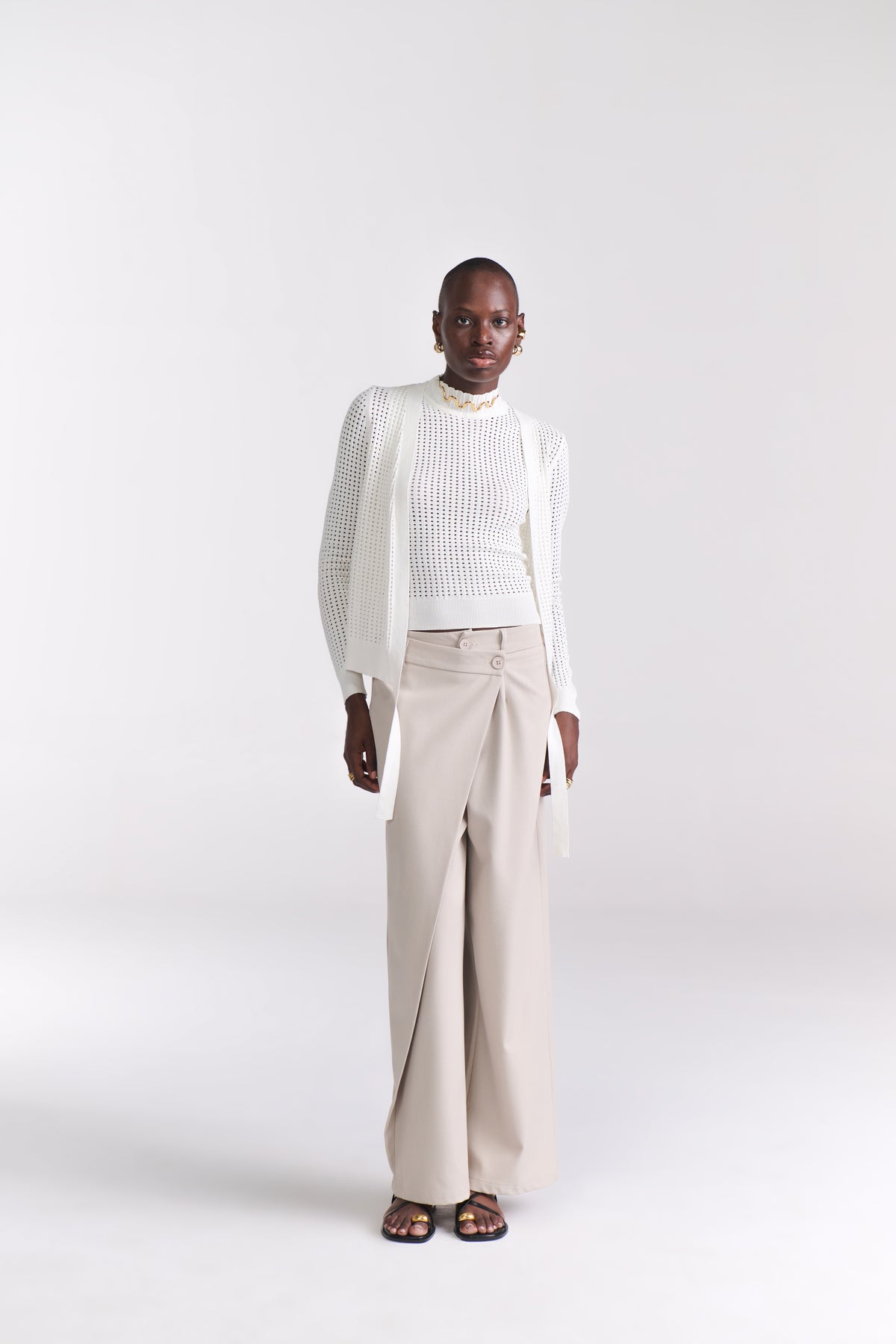 Beige Overlap Tailored Pants
