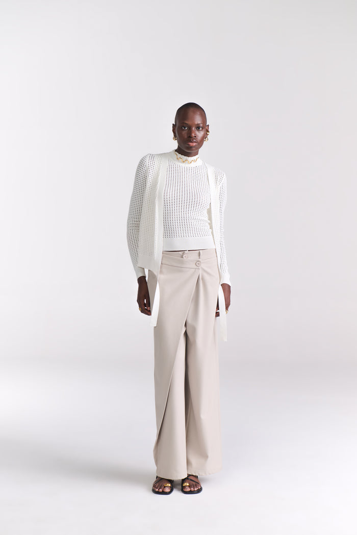 Beige Overlap Tailored Pants