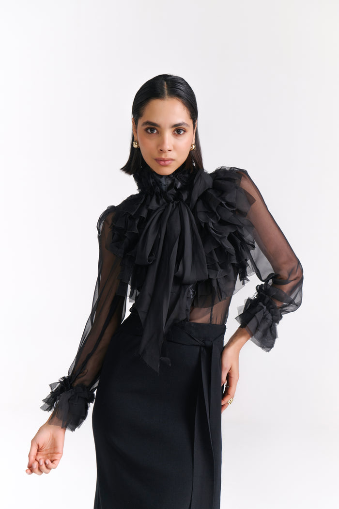 Black Victorian Chiffon Blouse (Full Sleeves) With Ruffles And Bow Detail