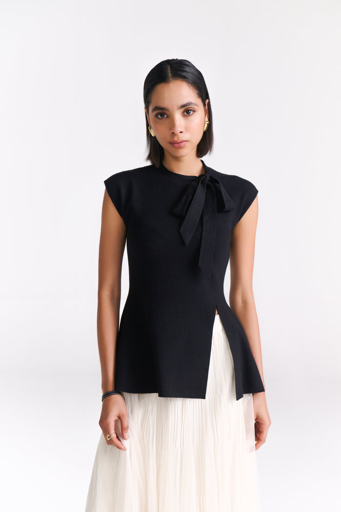 Black Sleeveless Knit Top with Bow Detail