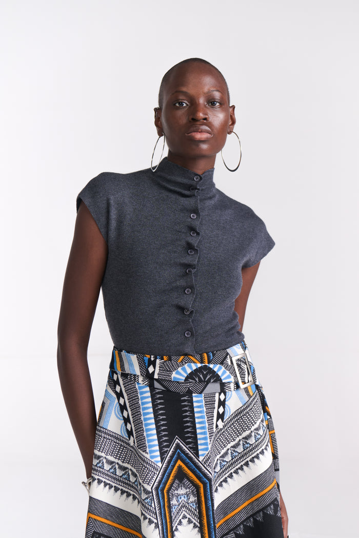 Grey Ruched Button-Front Knit top