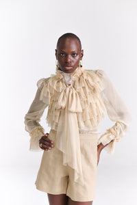 Beige Victorian Chiffon Blouse (Full Sleeves) With Ruffles And Bow Detail