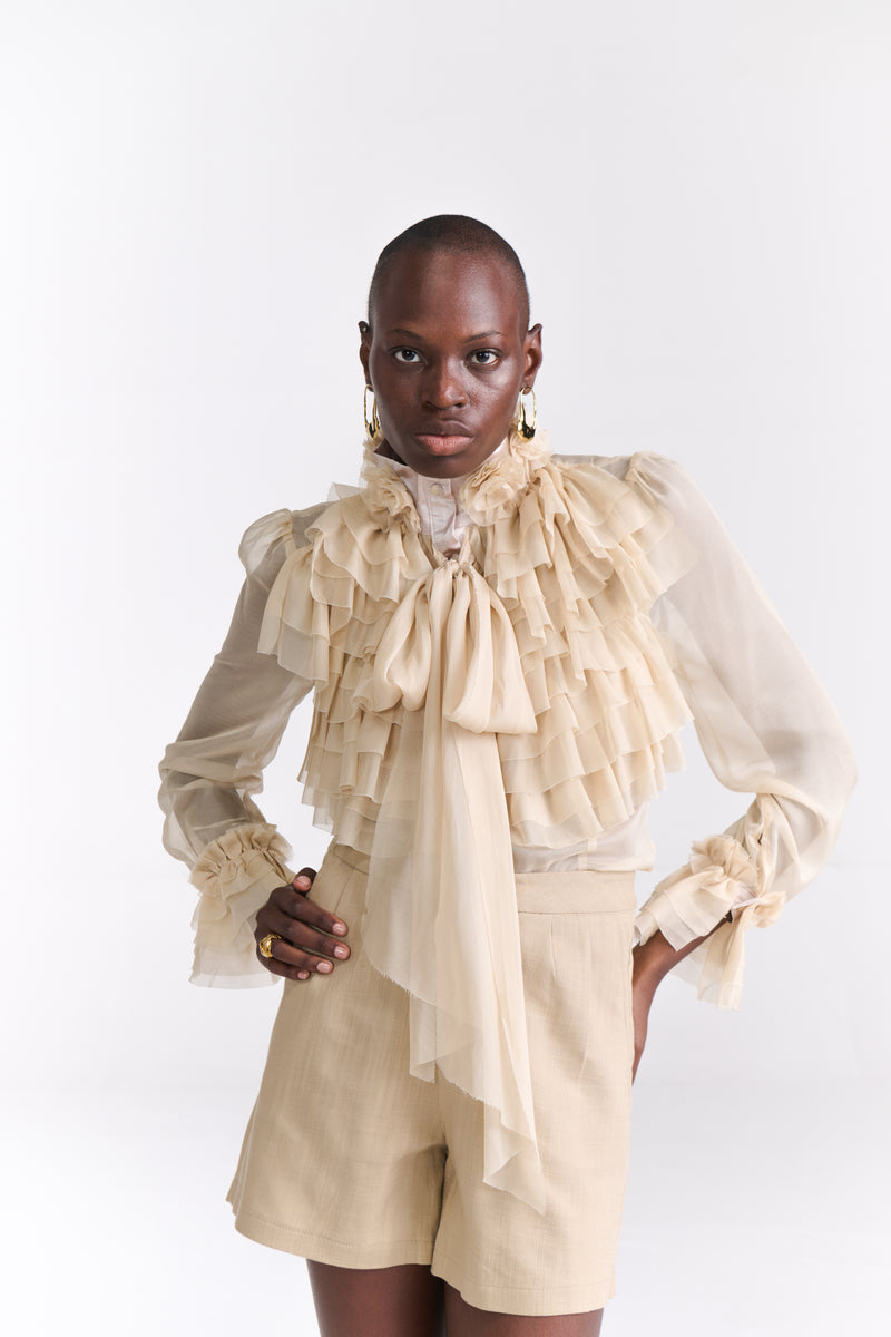 Beige Victorian Chiffon Blouse (Full Sleeves) With Ruffles And Bow Detail