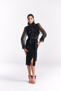 Black Knit Pencil Skirt With Front Bow Tie & Slit Detail