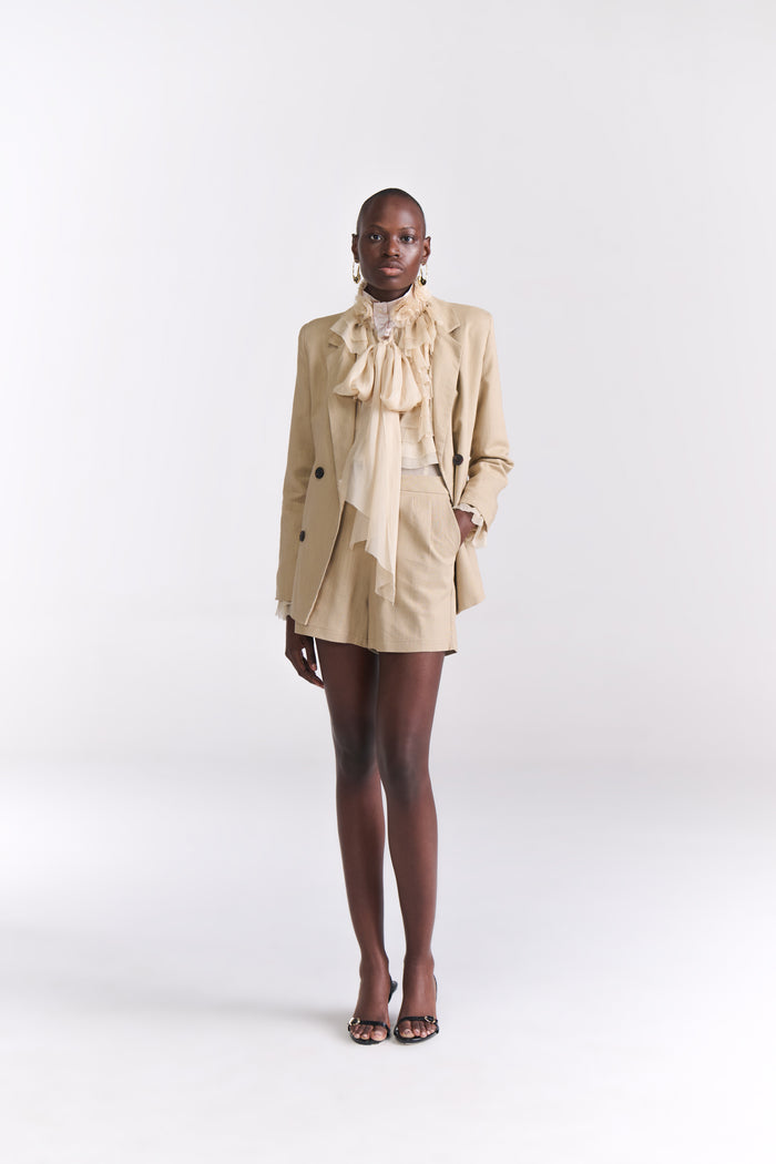 Beige Linen Jacket With Shorts Coord Set