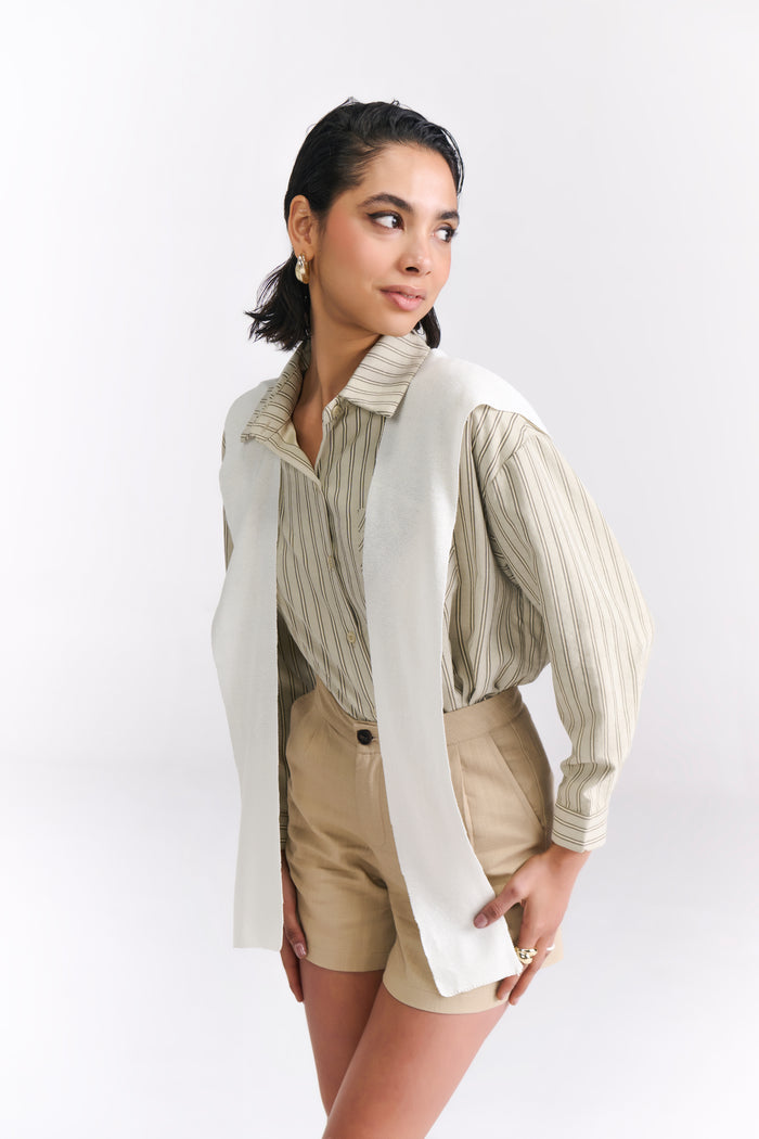 Celery Green Striped Sand-Silk finish Shirt with Mock Sweater