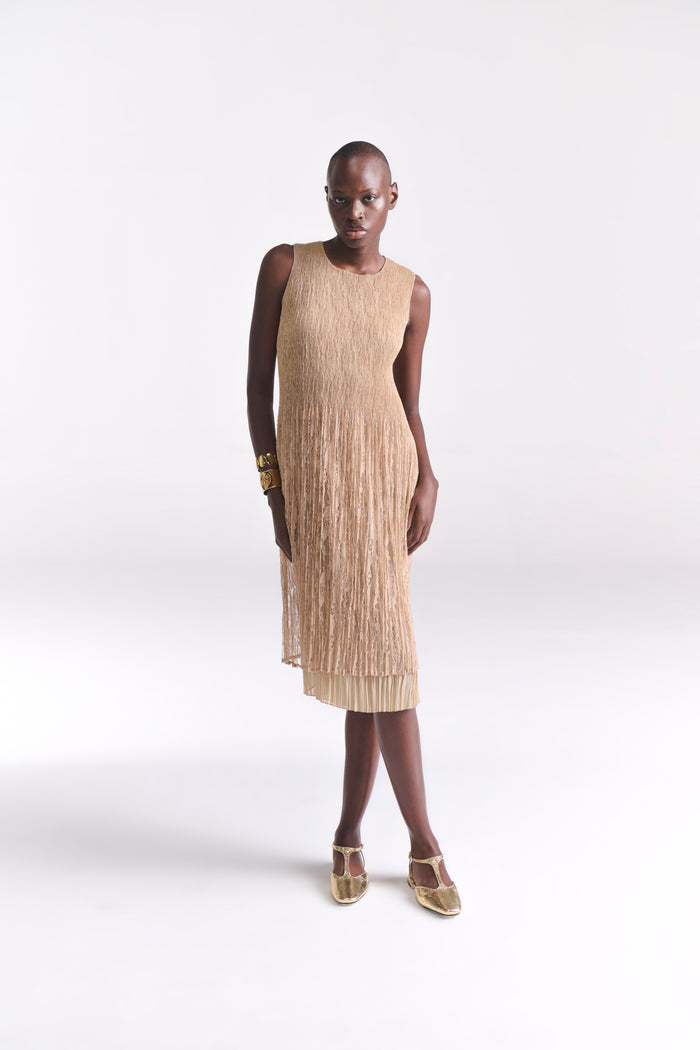 Crinkled Lace Nude Midi Dress