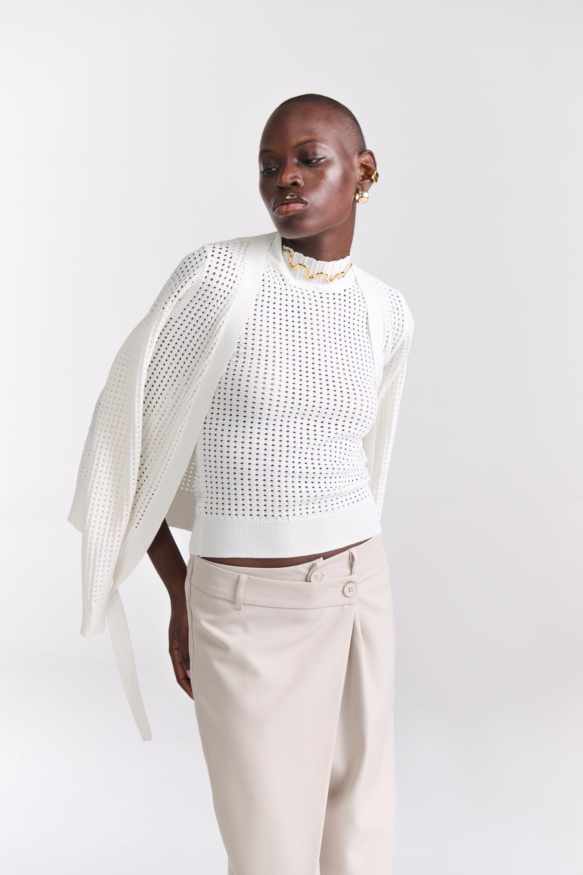 White Perforated Knit Top W/ Front Open Cardigan