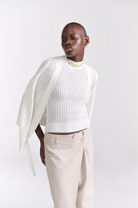White Perforated Knit Top W/ Front Open Cardigan
