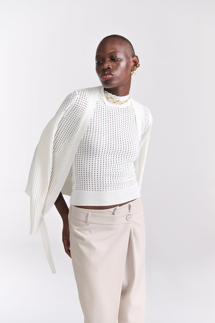 White Perforated Knit Top W/ Front Open Cardigan