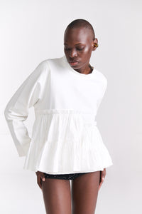 White Knit Top with Assymetric Ruffle Detail