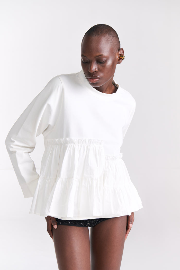 White Knit Top with Assymetric Ruffle Detail