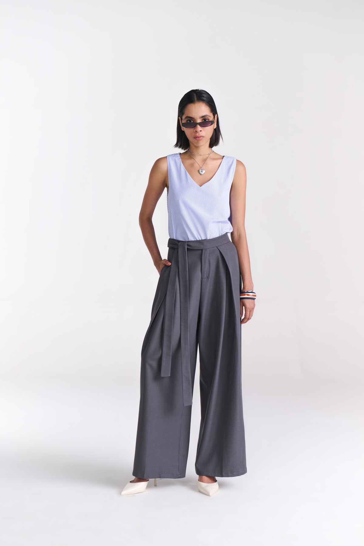 Grey Tailored belted Wide Leg Pants - Tastes Like Couture