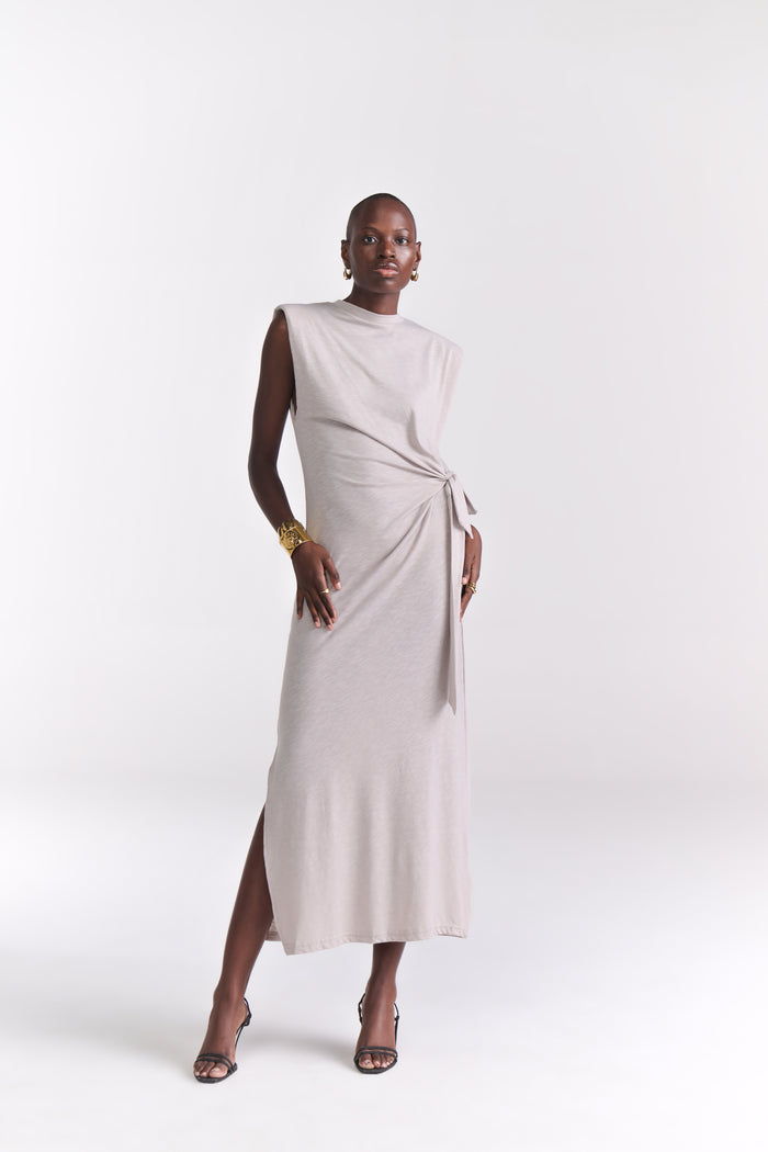 Grey Maxi Dress With Side Tie-Up Detail
