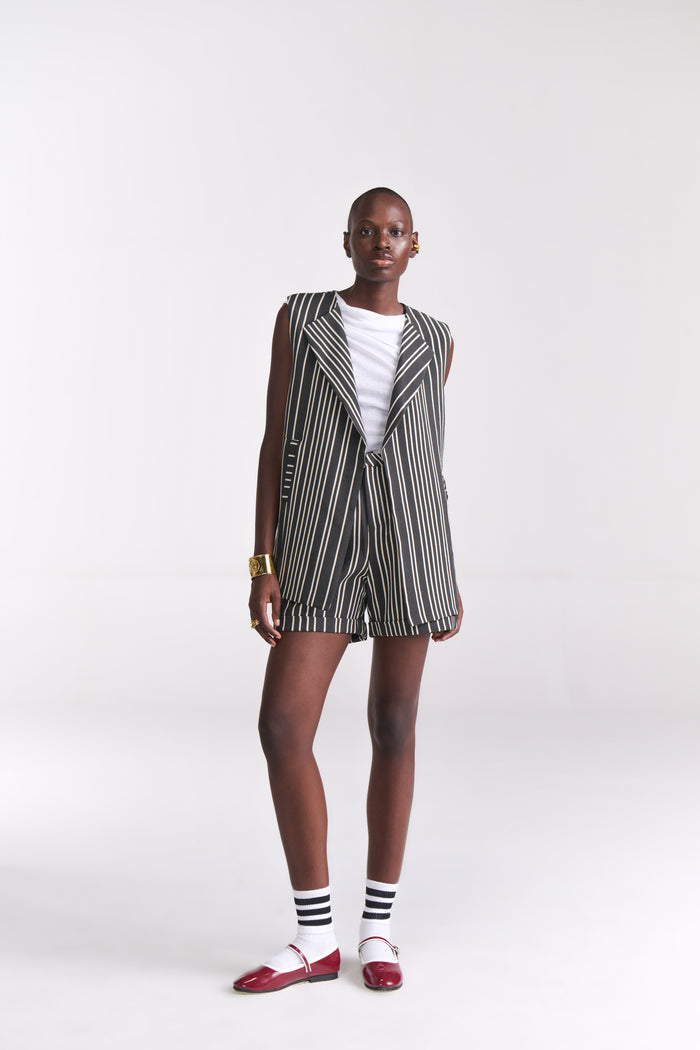 Sleeveless Stripe Jacket With Shorts Coord Set