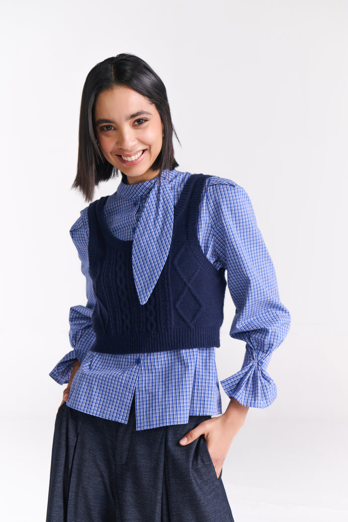 Blue Check Shirt With Sweater Vest