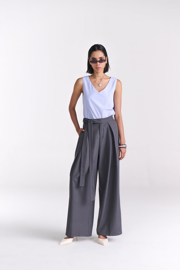 Blue Pinstripe Top with Open Back Tie Detail