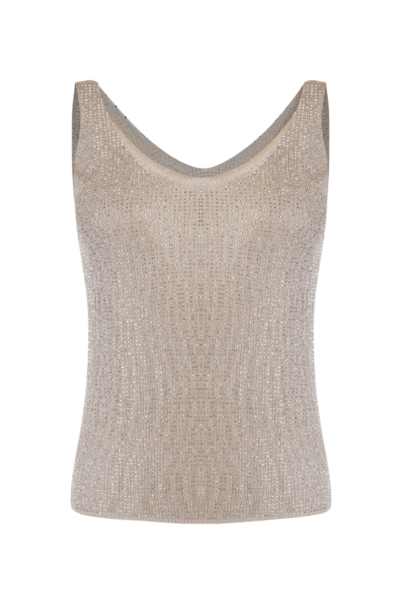 Beige Rhinestone Knit Tank Top